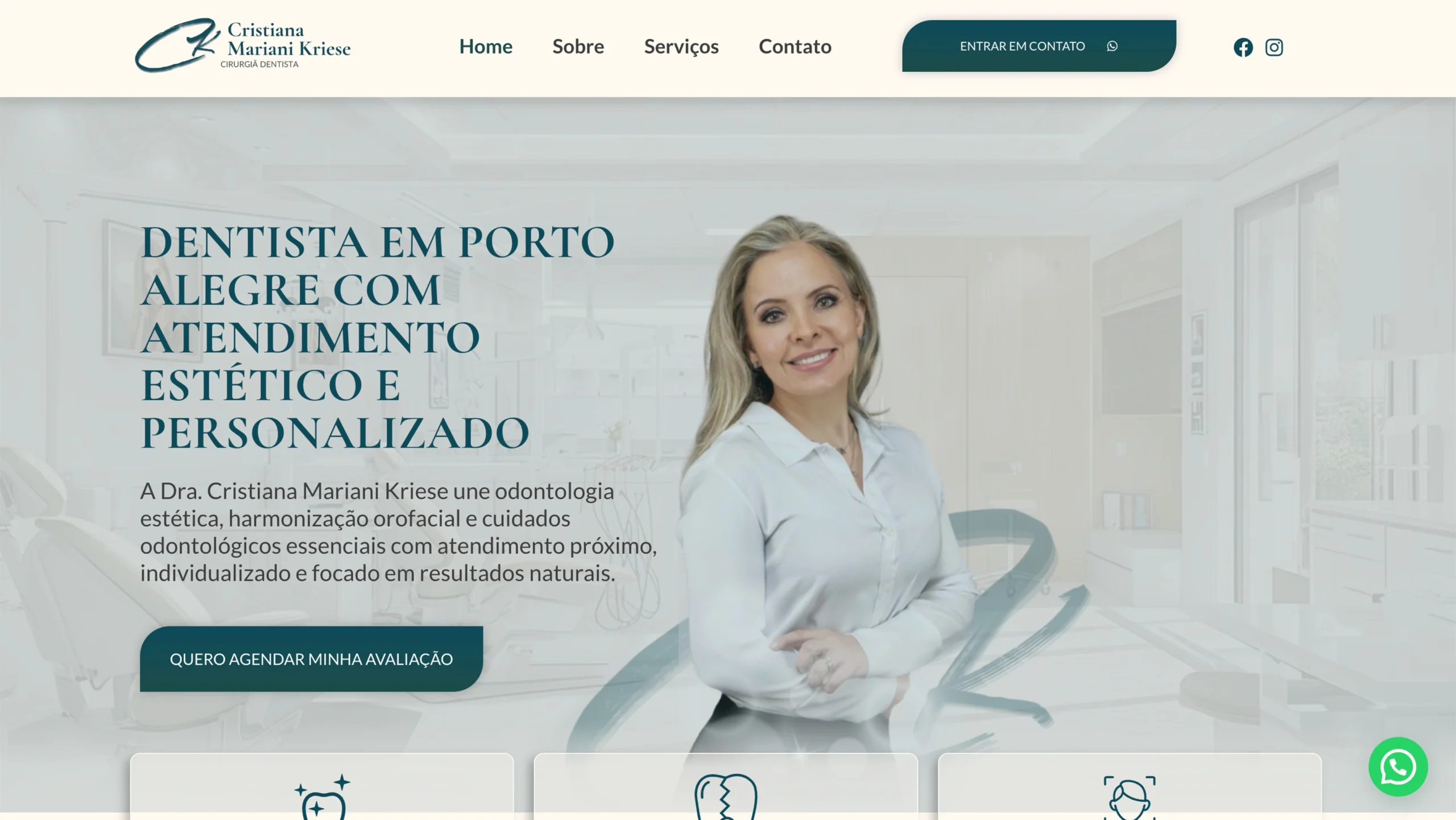Case de site desenvolvido pela Wiser MKT para a Dra. Cristiana Kriese, com foco em lentes de porcelana, facetas de resina e estética dental em Porto Alegre.
