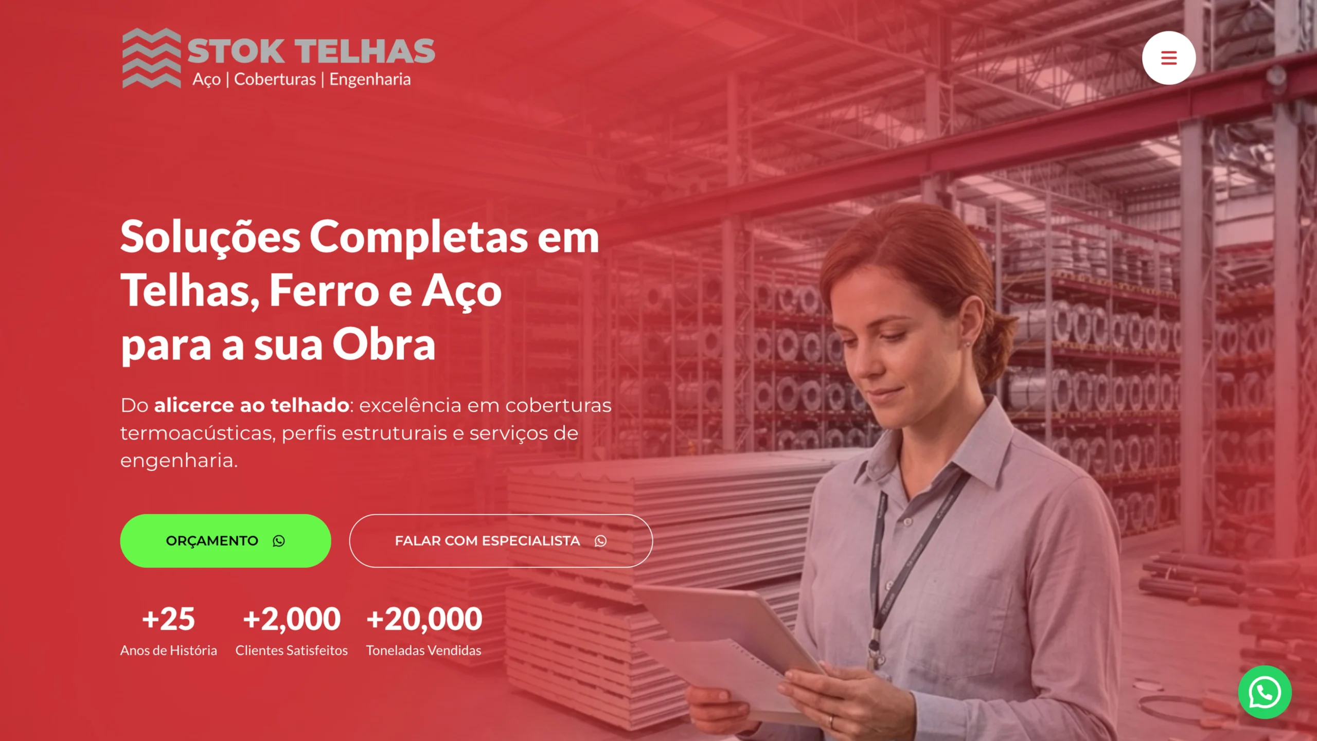 Imagem do site da Stok Telhas, distribuidora de telhas, ferro e aço, com soluções em coberturas termoacústicas e materiais para construção.