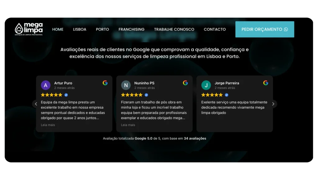 Avaliações de clientes sobre os serviços da Mega Limpa Portugal.