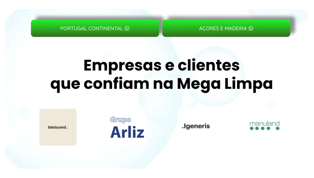 Logos de empresas atendidas pela Mega Limpa Portugal ao longo de cinco anos de atuação.