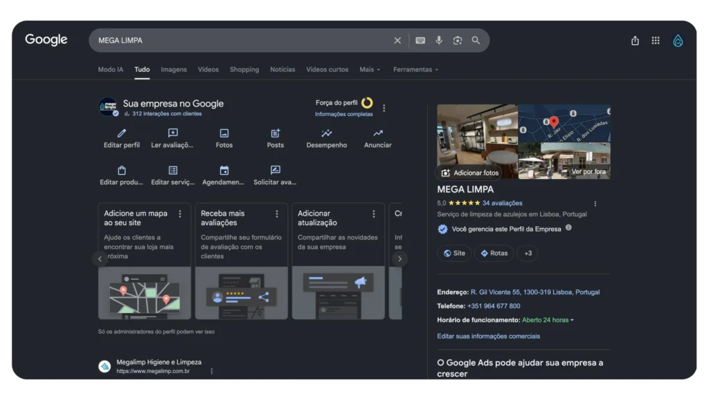 Perfil da Empresa no Google da Mega Limpa Portugal mostrando 312 interações com clientes.